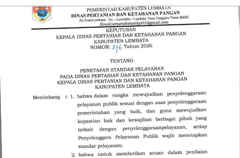 Penetapan Standar Pelayanan Dinas Petanian dan Ketahanan Pangan